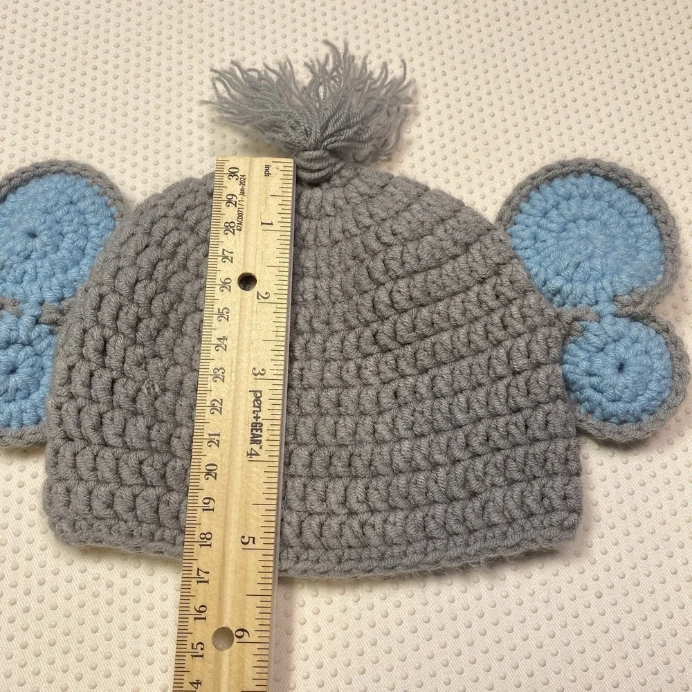 Handmade Knit Crochet Whimsical Elephant Baby Infant Beanie Cap Hat Gray Blue OS